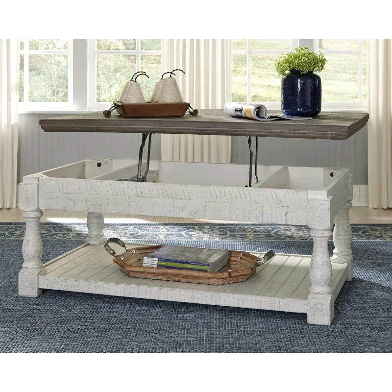 Signature Design by Ashley Havalance Farmhouse Lift Top Coffee Table with Fixed Shelf and 2 Hidden Storage Trays,Weathered Finis