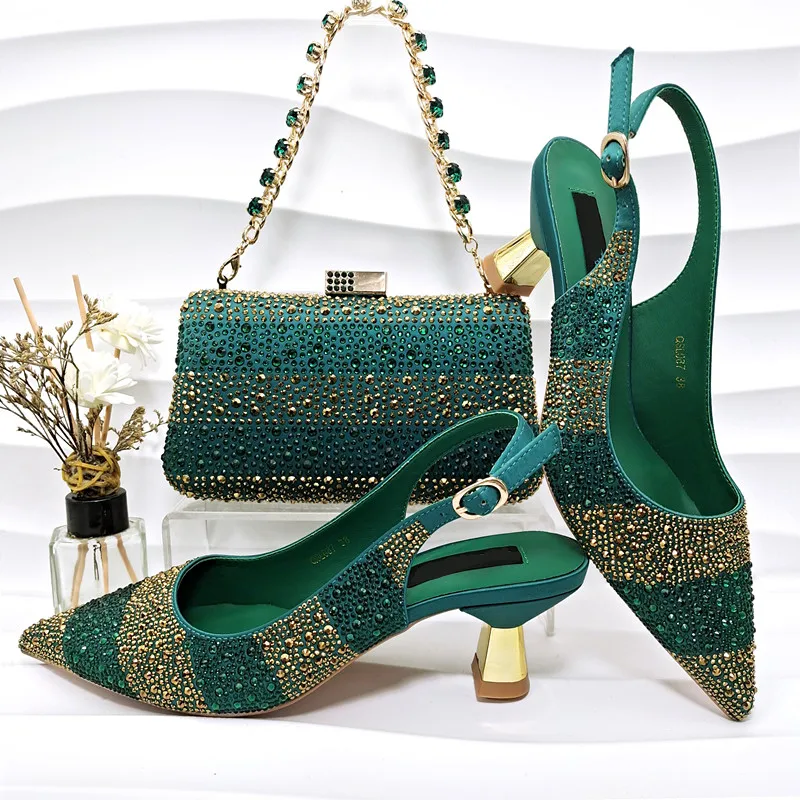 

High Grade Green Heel 6.5CM Women Pointed Toe Shoes Match Crystal Handbag African Dressing Pumps And Bag Set QSL087