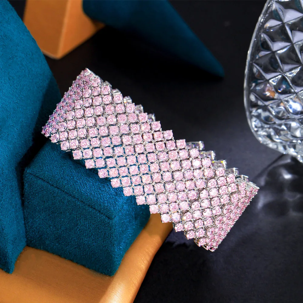 CWWZircons Luxury Stunning Multiple Pink Cubic Zircon Big Wide Tennis Bracelet Bangle for Women Wedding Party Jewelry Gift S0219