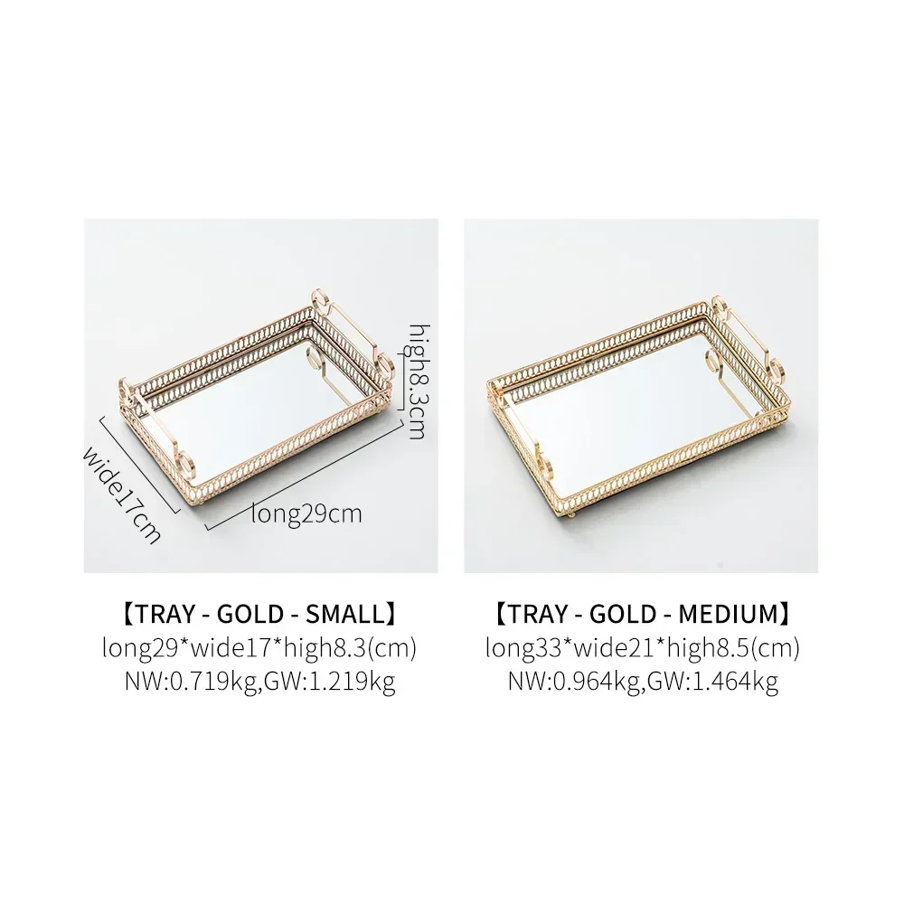 European Glass Metal Storage Tray Gold Decor Luxury Home Decor Jewelry Display Living Room Mirror Glass Tea Tray Table Storage