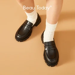 BeauToday Pelatform Loafers Women Genuine Cow Leather Solid Color Thick Sole Slip-On Spring Female Uniform Shoes Handmade B27764