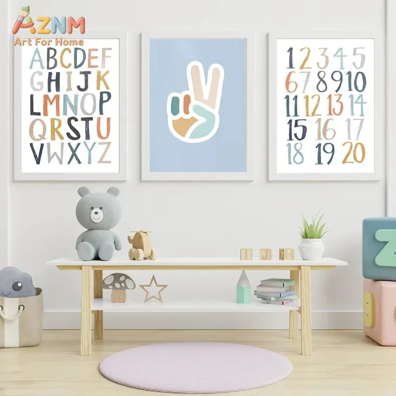 AZNM Educational Alphabet Numbers Canvas Wall Art, Unframed Single Piece HD Print Poster, Montessori ABC 123 Peace Hand Decorati