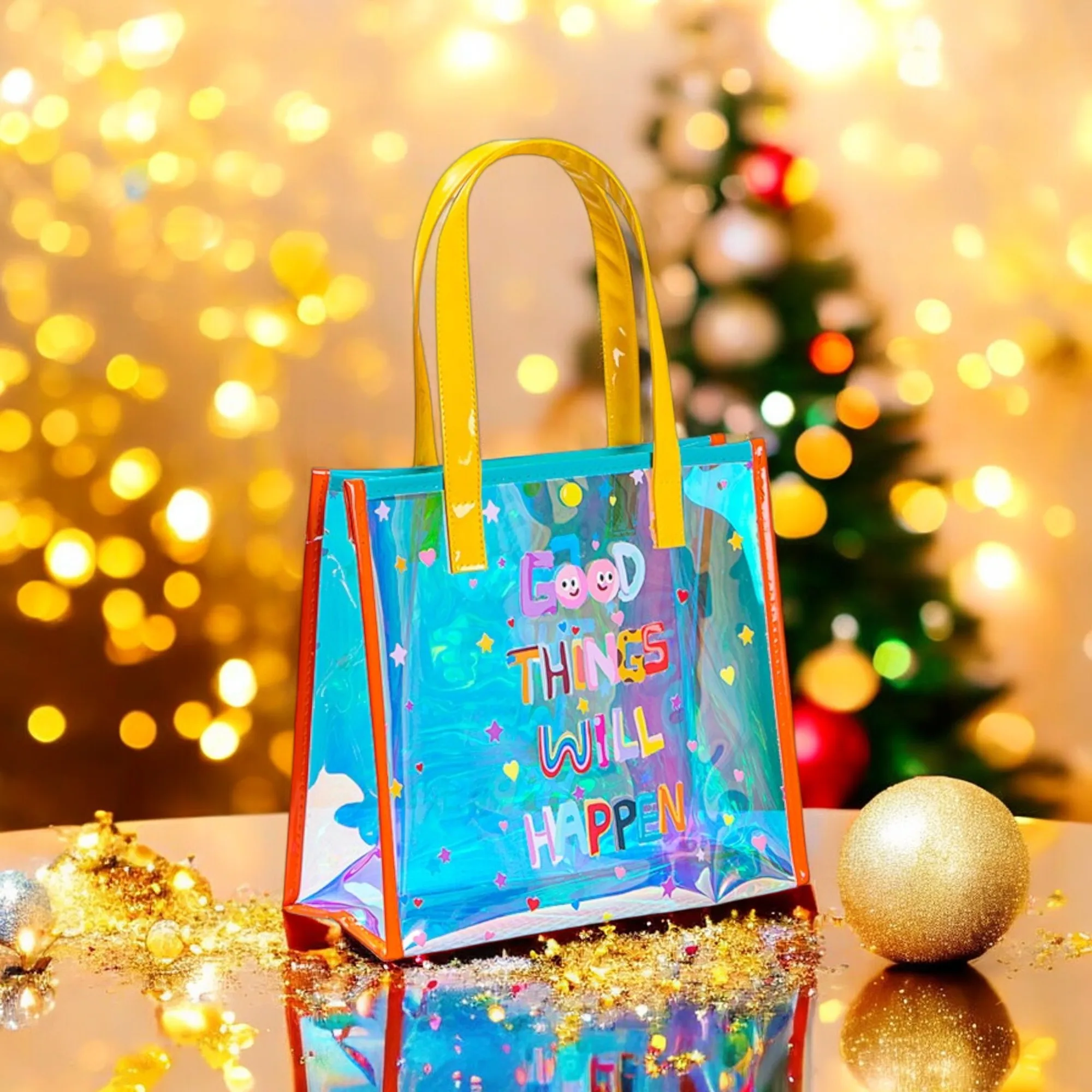 

Gift Bags Clear with Handle Reusable Beach Tote Bag Laser Holographic Iridescent PVC Bag for Birthday Christmas Party