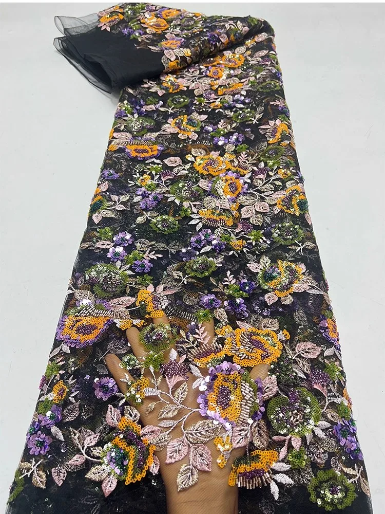 

1yard Multi colored floral sequin embroidery tissu new gauze fabric Dress and wedding cheongsam fabric for clothing