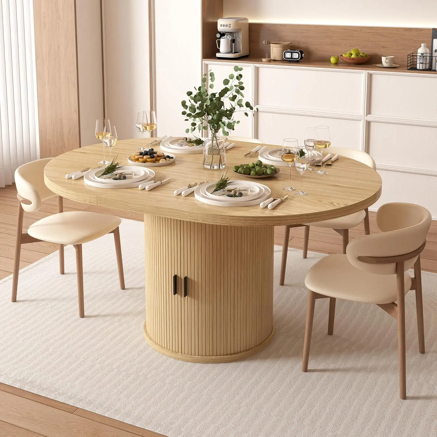 Extendable Dining Table 43 To 59 Inch Solid Wood Top Fluted Side Door 8 Compartment Storage Space Saving Round Dining Room Kitchen Dinner Furniture Pedestal Base Natural Finish
