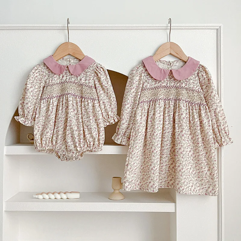‌2025 Spring Fall Twin Girls Floral Print Romper Clothes Matching Outfit Kids Long Sleeve Princess Smock Dress Baby Sisters