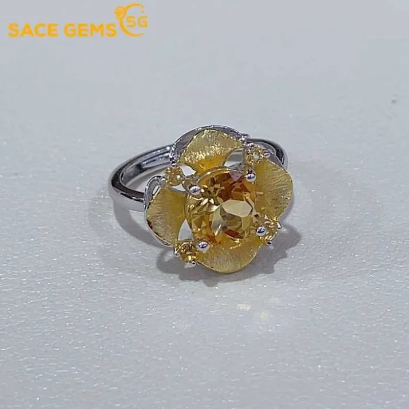 

SACE GEMS Fashion 925 Sterling Silver 8mm Natual Citrine Luxury Rings for Women Created Wedding Engagement Party Fine Jewelry