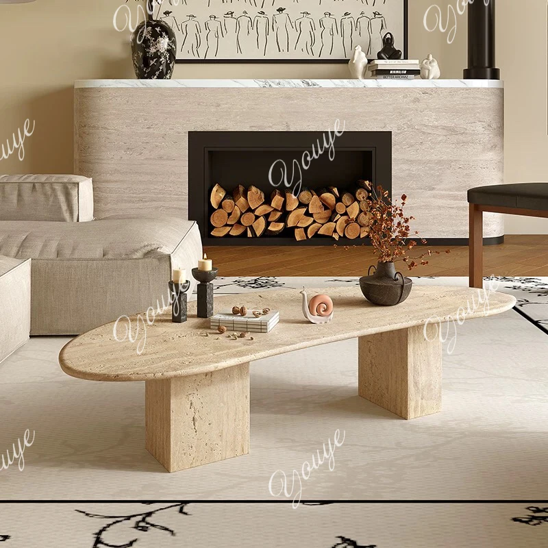 

Nordic simple travertine coffee table small apartment living room household high-grade cream style marble tea table