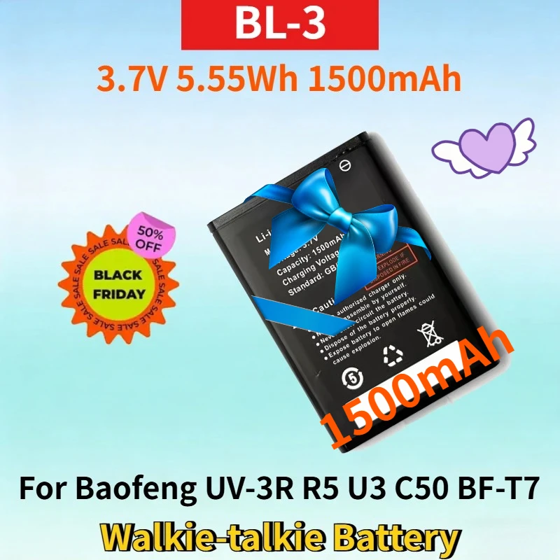 

BL-3 3.7V 5.55Wh 1500mAh Rechargeable Battery for Baofeng UV-3R R5 U3 C50 BF-T7 High Quality Walkie-talkie Lithium-ion Battery