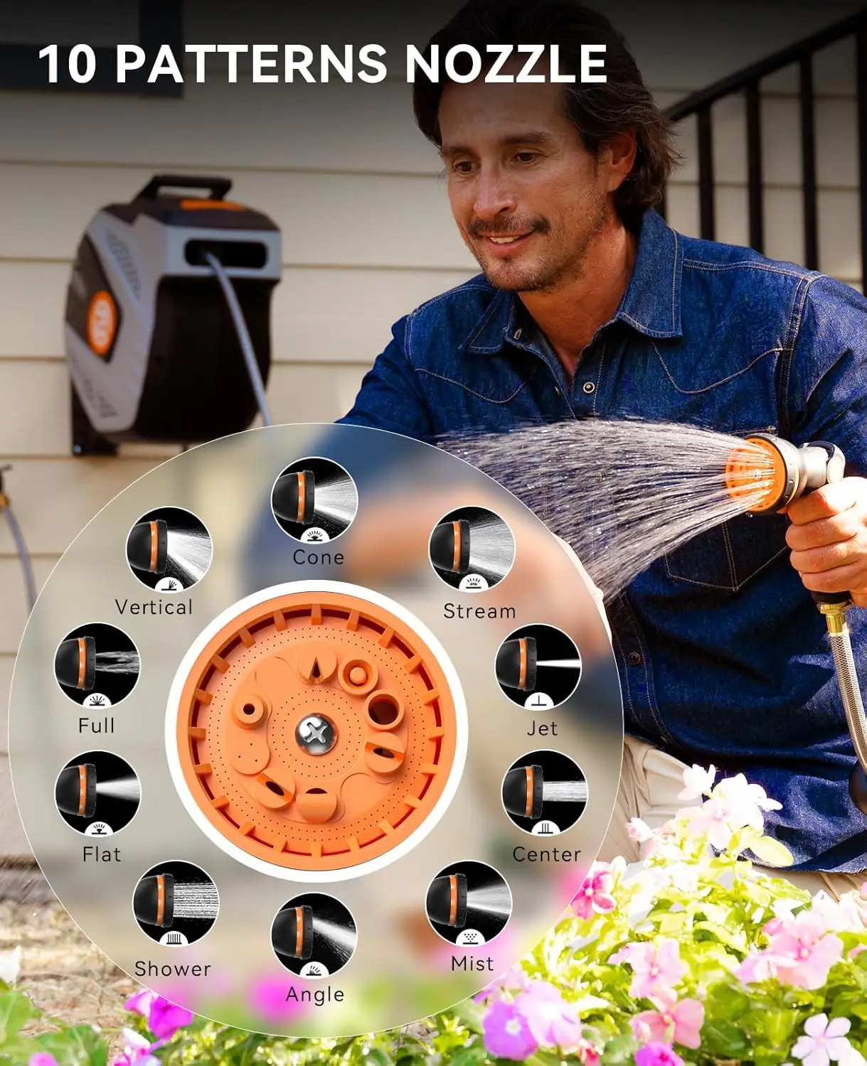 بكرة خرطوم حديقة قابلة للسحب - بكرة خرطوم مثبتة على الحائط مقاس 1/2 بوصة × 85 قدم مع تركيب نحاسي 3/4 بوصة وفوهة بخاخ 10 وظائف - #5