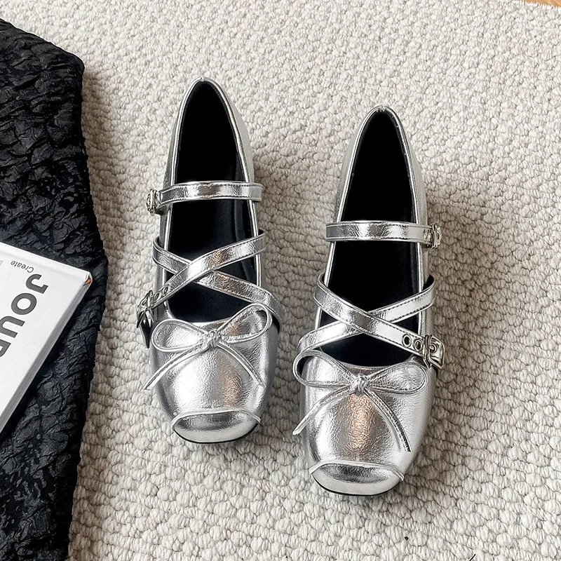 Women Bow-knot Mary Jane Shoes Spring Autumn Elegant Square Toe Street Style Dress Shoes Ladies Internal Elevation Ballet Shoes