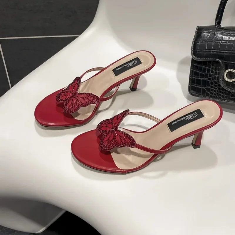 

2025 Summer New Butterfly Water Diamond Flip Flops High Heels Slippers for Women Travel Beach Shoes Pink Red Nude Color