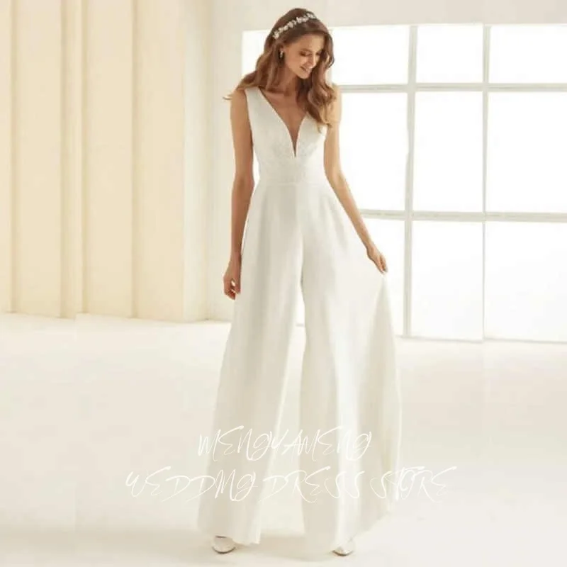 

ZHUISHU Wedding Dress Women's Ivory V Neck Boho Wedding Customized Jumpsuit Pants Suit شارون سعيد فساتين سهره