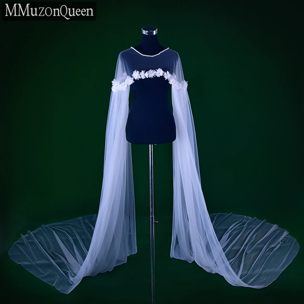 MMQ-3D Flower Tulle Wedding Shawl, Long Cape Nupcial, Catedral Nupcial Asas, Lace Veil, DIY Produto Personalizado, MG12