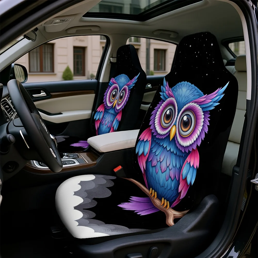 2pcs, Decorative Stylized Owl Drawing Themed Seat Covers, Soft Comfortable Fabric, Fit For Cars SUVs Trucks, Enhances Front Int
