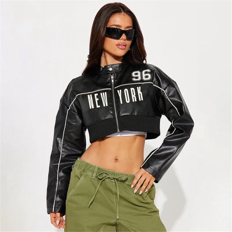 Womens PU Leather Crop Jacket With Zip Front Contrast Piping Bold Letter Detail Cool Streetwear Outerwear For Spring Fashion Fit
