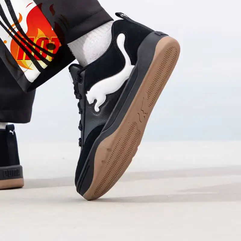 Unisex Puma 395022-01 Black Low Top Skate Shoes, White Big Cat Logo Gum Rubber Sole Casual Sneakers For Street Skating Daily