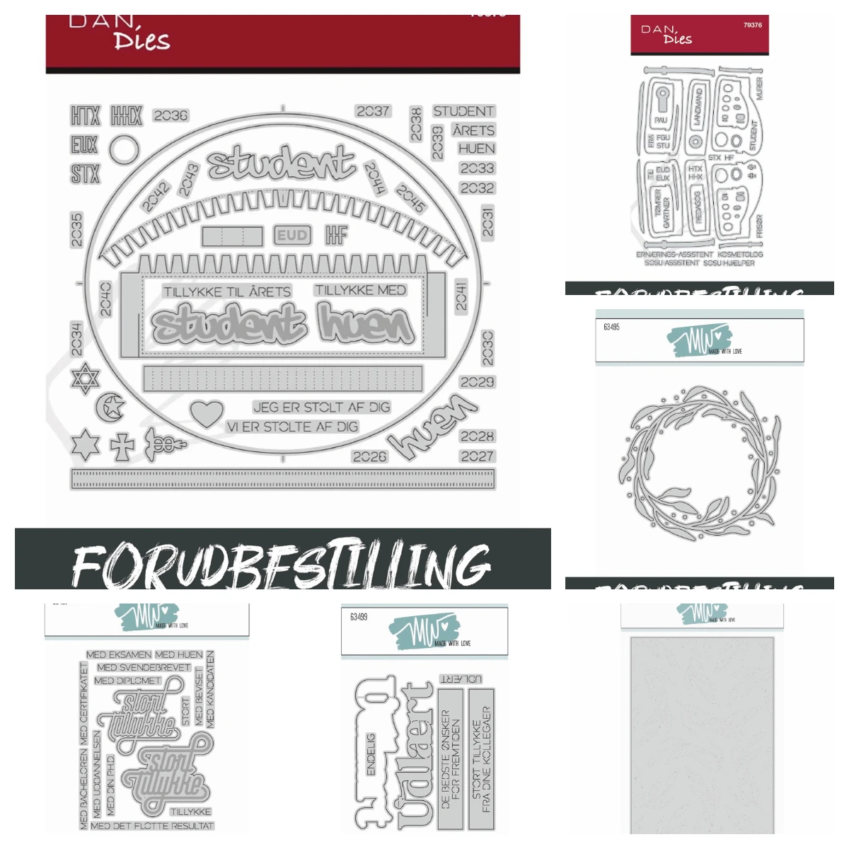 

Dan/ MW MADE WITH LOVE Stort Metal cutting dies for DIY Scrapbook Handmade Tillykke Script Student tekster Wreath with Splats