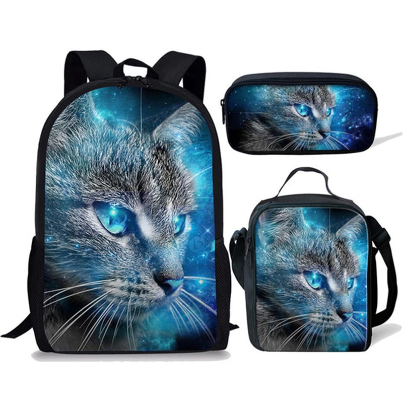 Classic Novelty Peculiar Creative Cool Cat 3D Print 3pcs/Set pupil School Bags Laptop Daypack Backpack Lunch bag Pencil Case