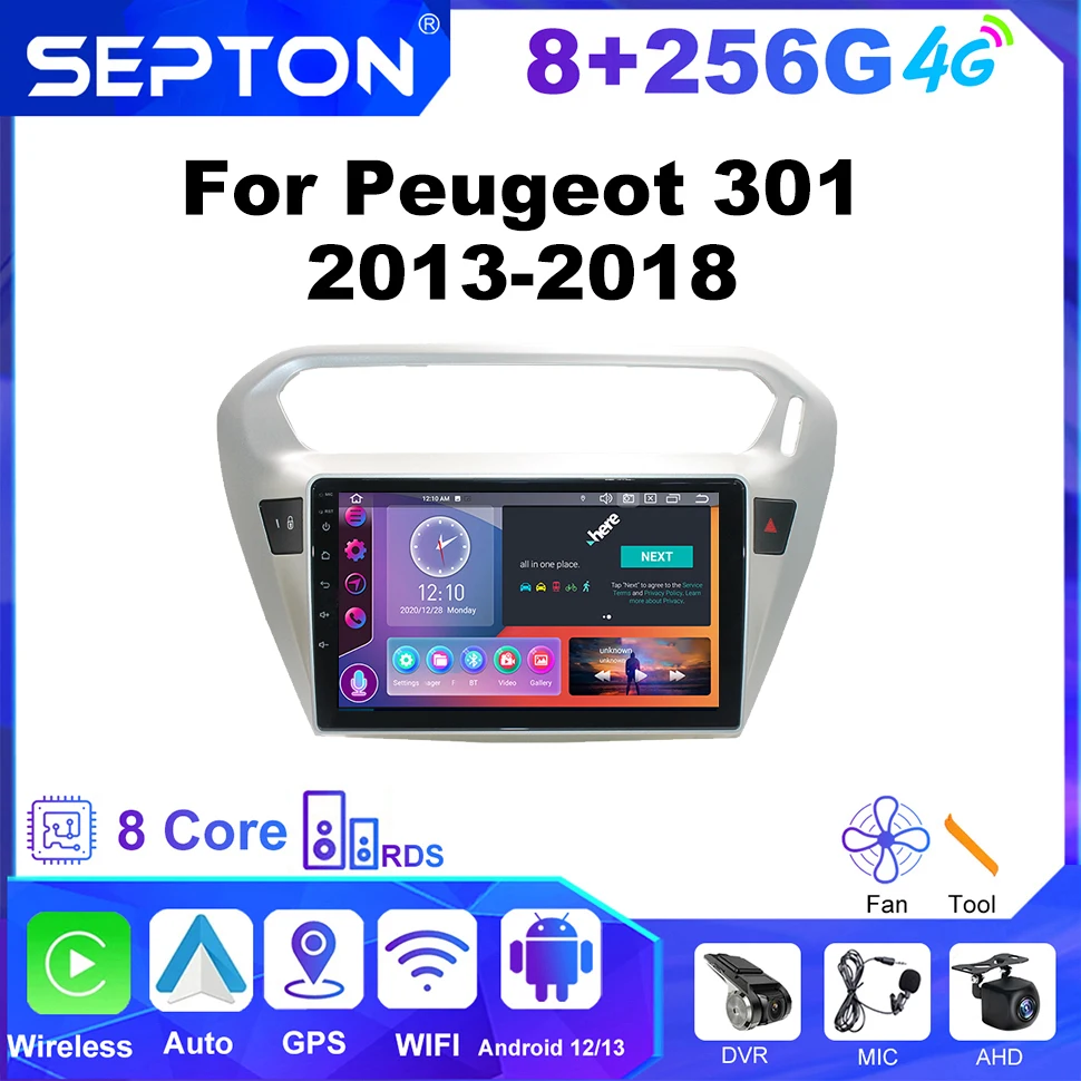 

SEPTON Car Radio Stereo Audio for Peugeot 301 2013-2018 Carplay BT 8core DSP Navi GPS Android 12 Car Autoradio Multimedia Player