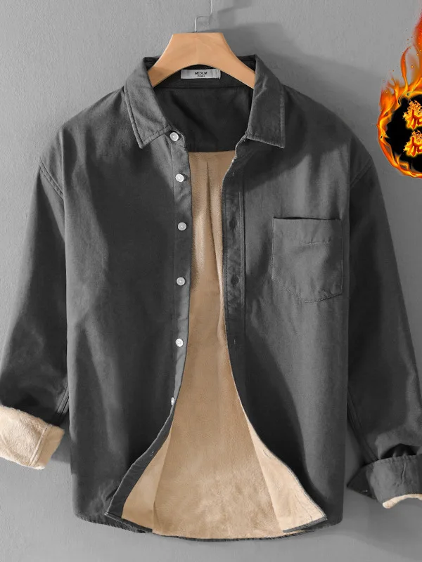 

Thiened Fce Lined Cotton Feel Casual irt Men Winter Warm Retro Loose Collar Trendy Long Sve Faion Urban Wear