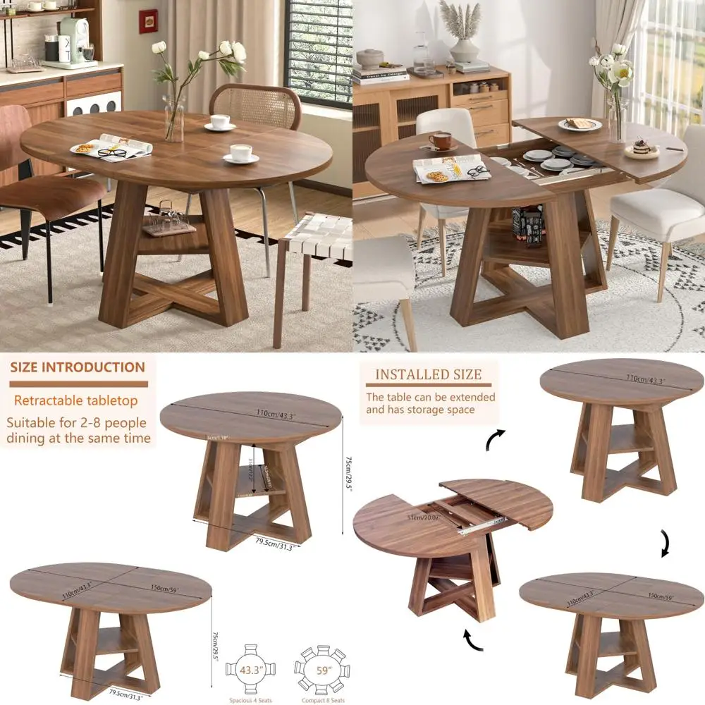 طاولة طعام مستديرة قابلة للتمديد 43-59 بوصة، طاولة بيضاوية للمطبخ الحديثة بأوراق قابلة للإزالة، قاعدة خشبية موفرة للمساحة، مقاعد 4-8 P