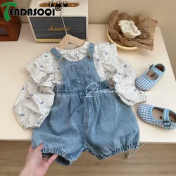 3-8Y Girls Babys Clothing Set Printed Tops Shirts+Jeans Pants Overalls Shorts Casual Kids Girl Birthday Children Denim Clothes