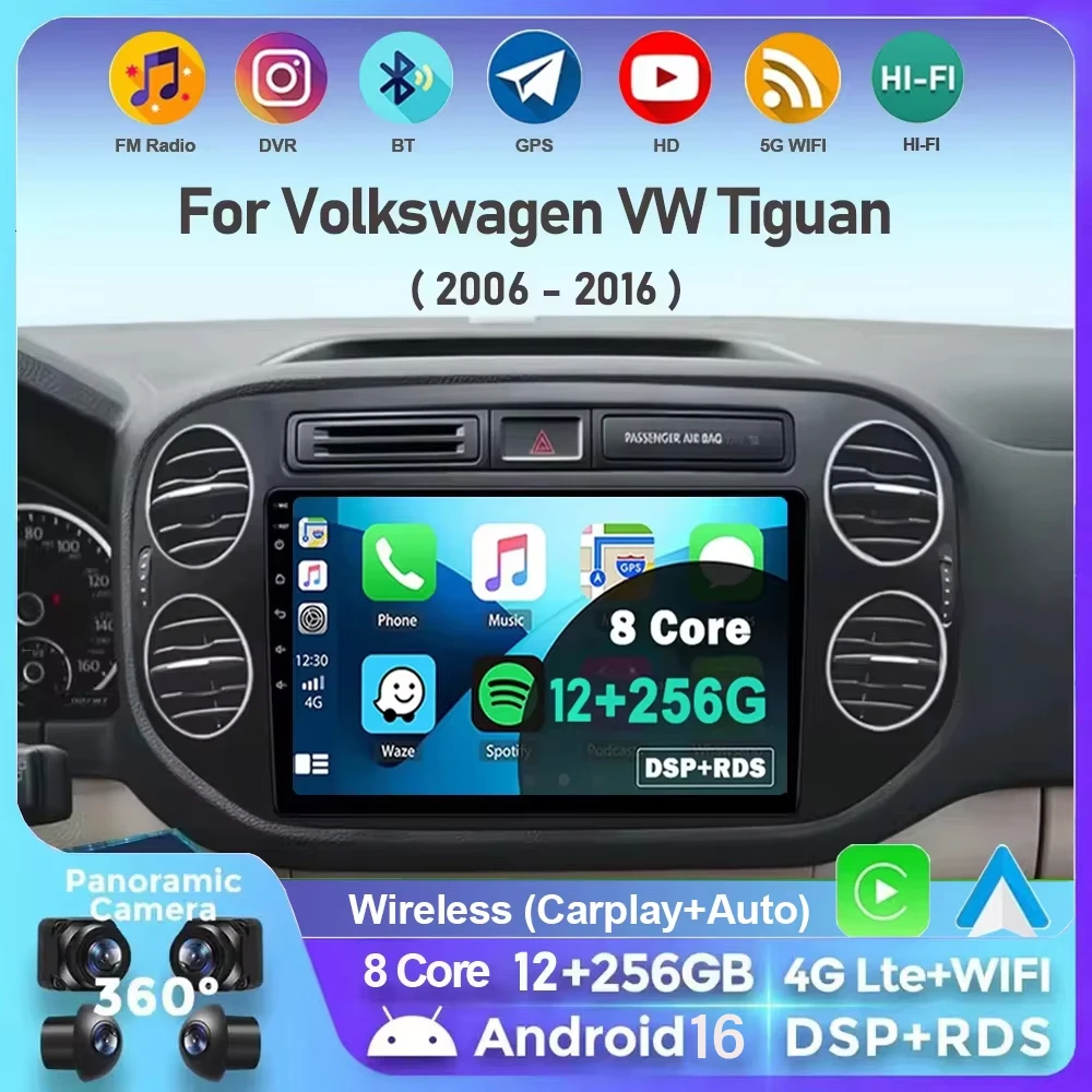Autoradio für Volkswagen VW Tiguan 2006 2010 2016 Golf Plus Kabelloses Carplay Android 16 Auto-Stereo-Multimedia-Player 4G GPS