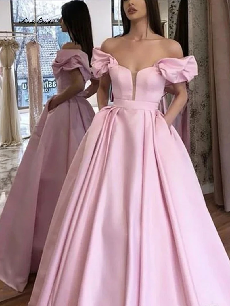Elegante roze galajurk off-shoulder avondjurken satijnen feestjurk Dubai Kaftan Saoedi-Arabische formele jurk Robe De Soiree