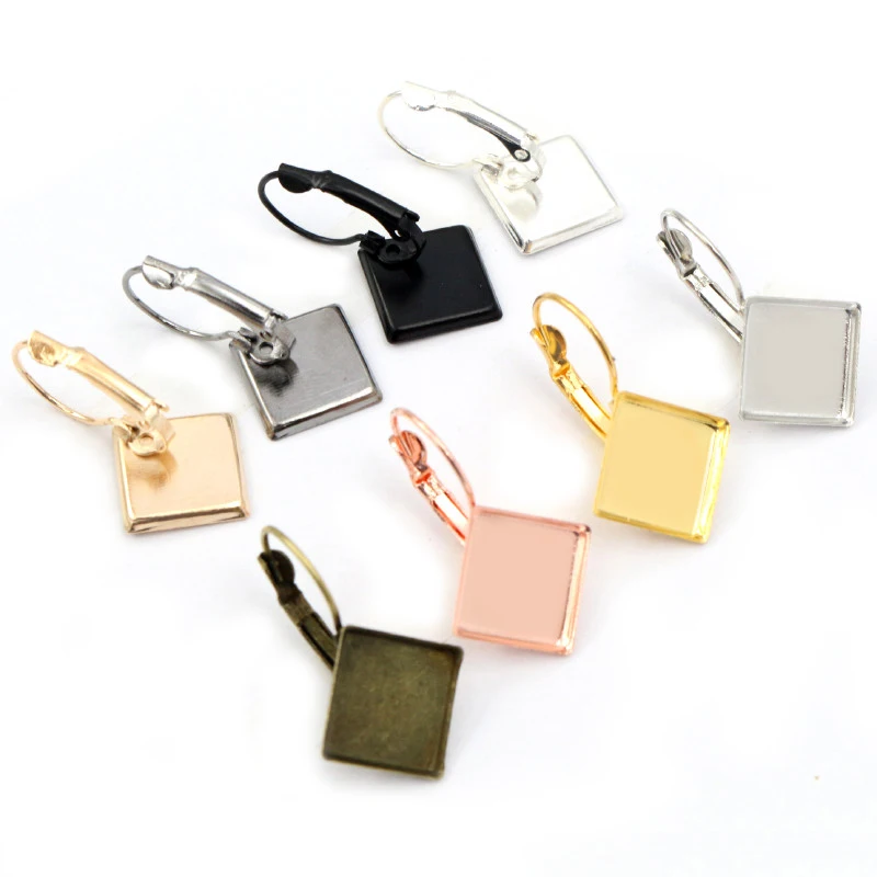 New 12mm 10pcs/Lot 8 Colors Plated Square Style French Lever Back Earrings Blank/Base,Fit 12mm Glass Cabochons