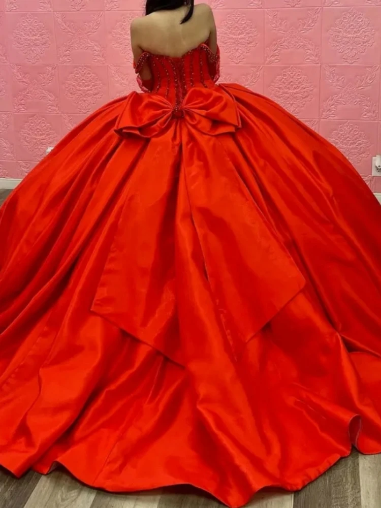 AAR46 Customzied Red Quinceanera Dresses For Sweet 15 16 Year Old Girls Beading Satin Prom Birthday Party Gown (Without Gloves)