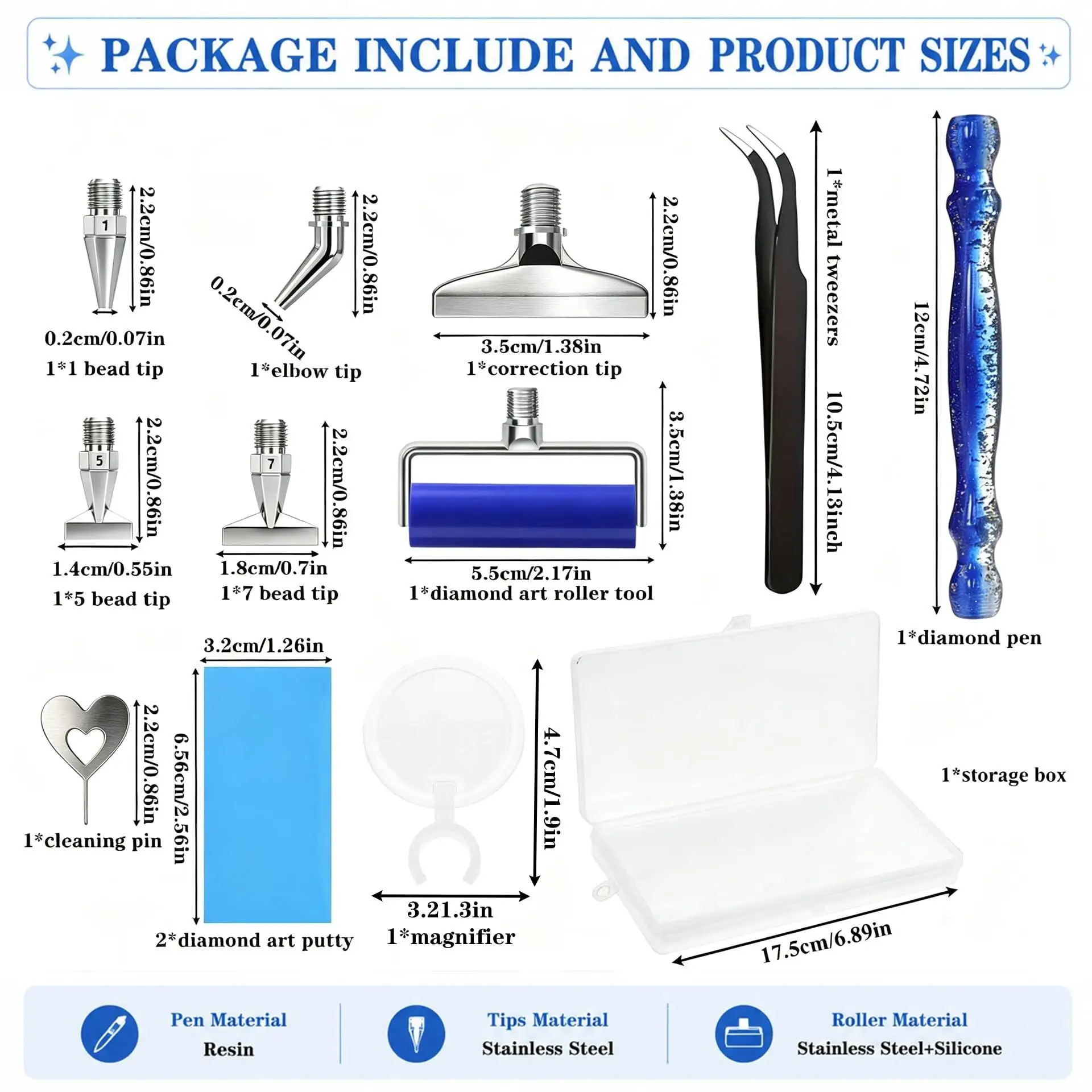 Diamond Painting Pen Set, Includes 5 Screw-On Stainless Steel Drill Bit Tips, Roller Tool, Magnifying Glass, Putty Wax, Tweezers, Adult DIY Art Nail Art Diamond Painting Bead Dotting Pen