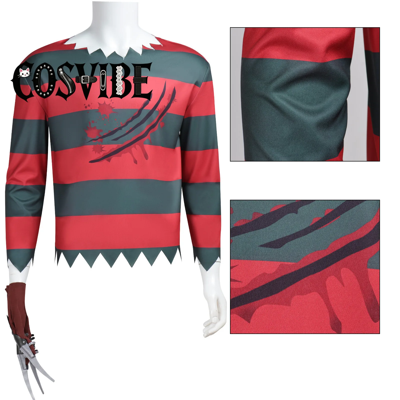 Freddy Krueger Cosplay - Adults Halloween Costume Red Black Stripes Top with Hat & Gloves with Sharp Claws - view 5