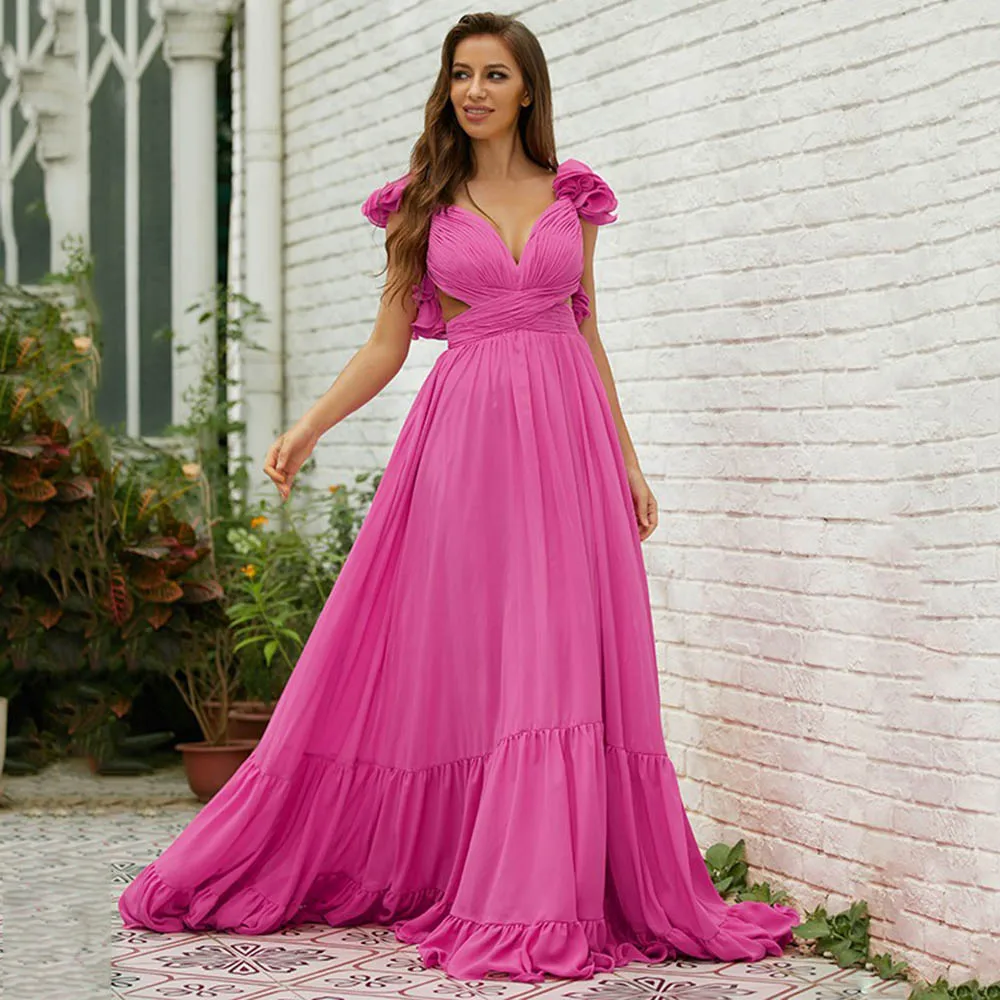 

Elegant Pink Long Evening Dresses V Neck Ruffles Pleats A-Line Princess Floor length Backless Formal Prom Party Gowns Customze