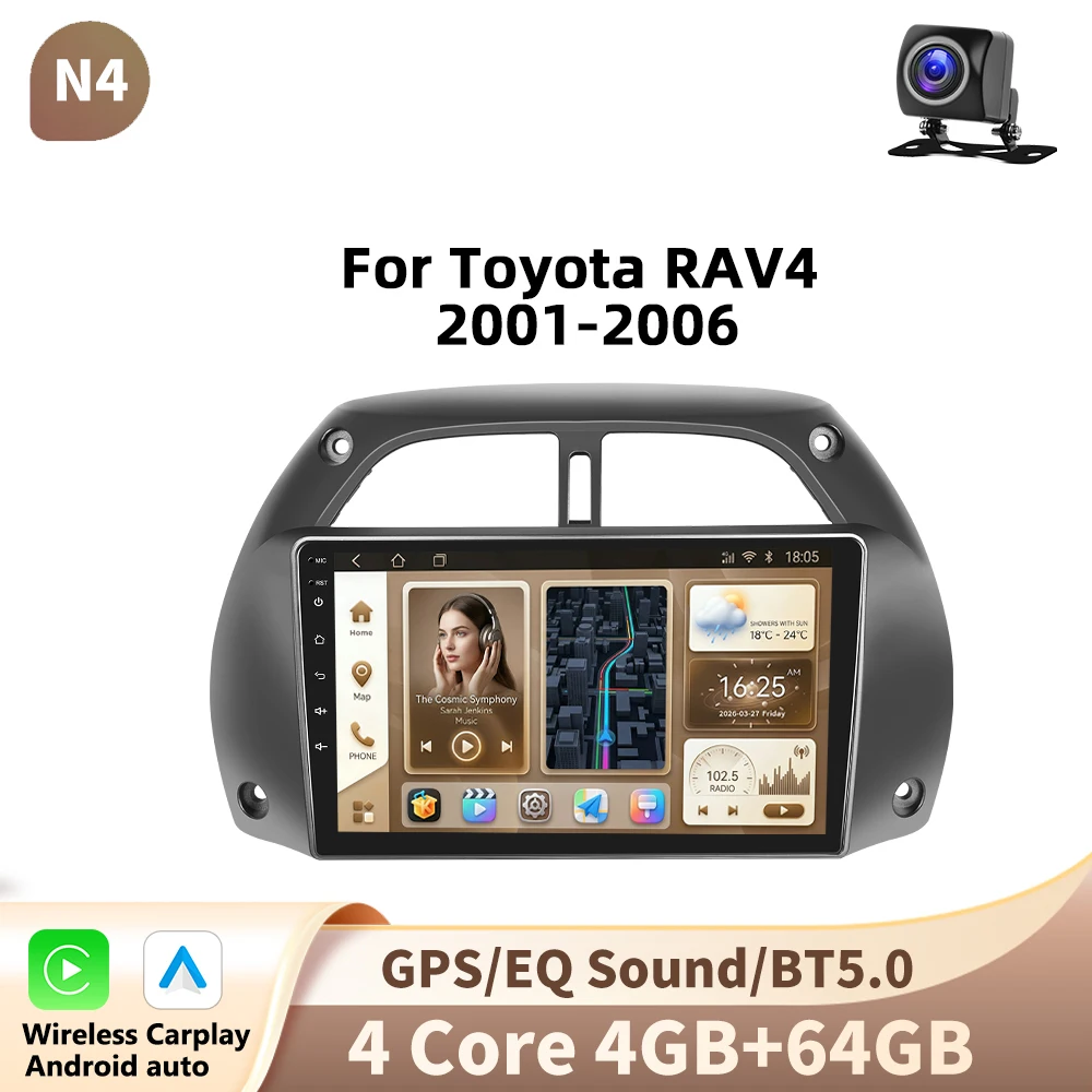 Podofo draadloze CarPlay voor Apple Android Auto autoradio voor Toyota RAV4 2001-2006 2din GPS multimedia touchscreen