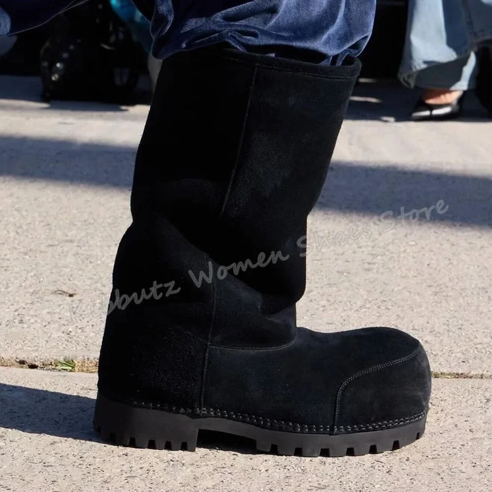 

Suede Warm Snow Boots Knee High Winter Big Round Toe Flat With Slip-On Shoes Newest Outdoor Fashion Concise Luxury Sexy Novelty