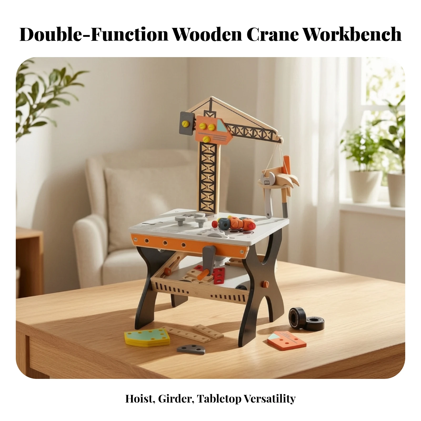 Toy Workbench with Crane Educational Wooden Toy Workbench Children's Tool Bench Interactive Play Table Safe for Preschoolers