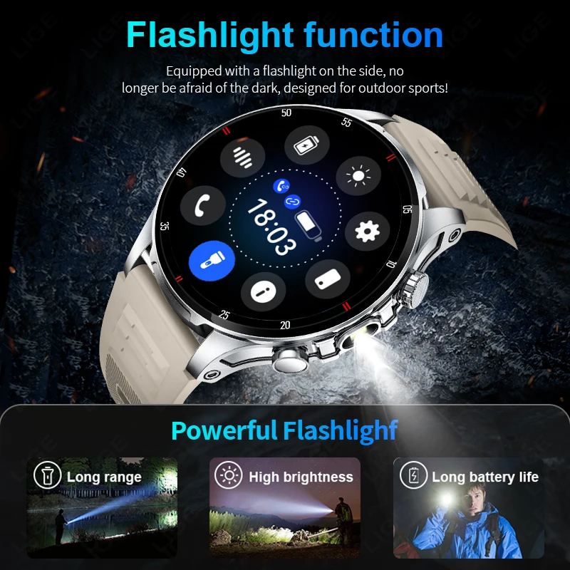 LIGE nouveau Sports de plein air lampe de poche montre intelligente hommes Bluetooth appel montres moniteur de fréquence cardiaque santé Smartwatch pour Android ios