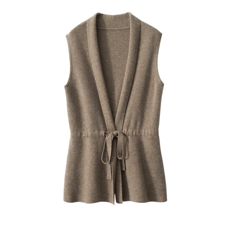

Knitted Cashmere Vest Women, Sleeveless Drawstring Tie Cardigan, Cashmere Vest Outerwear, Versatile Solid Color Turn-