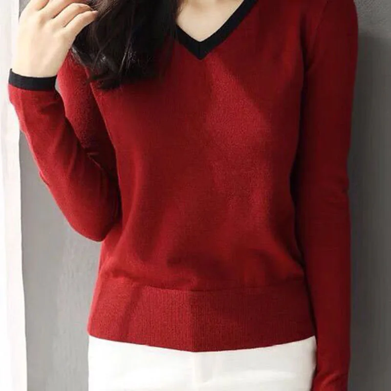 Oversize 80kg Women Vintage V-neck Knit Sweater Spring Casual Knitwear Top Korean Fashion Pullovers Slim Long Sleeve Jumpers New