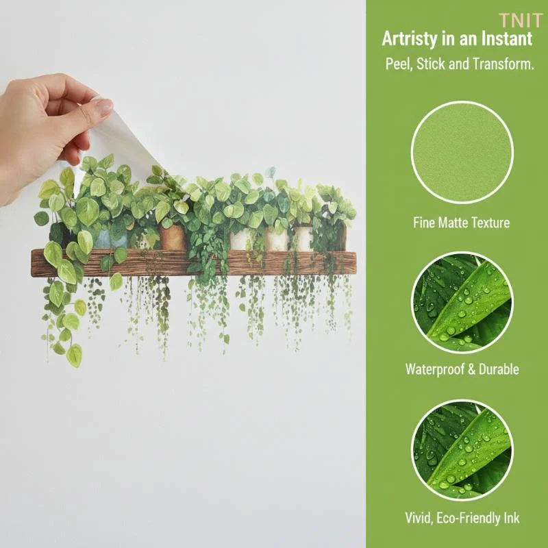 [J] 3D Green Hanging Plants Wall Sticker, Wooden Shelf Potted Greenery Mural, Removable Kitchen Living Room Home Decor 1PC