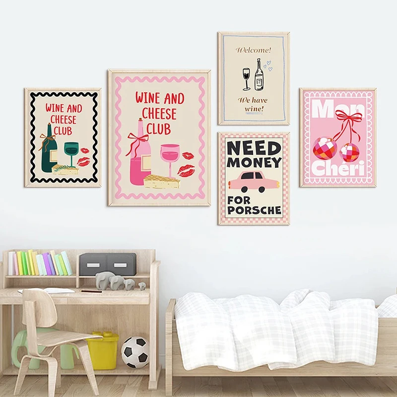 Maximalist Pink Party Mon Chéri Quotes Print Murals Wine And Cheese Club Wall Art Canvas Painting Posters Living Room Home De