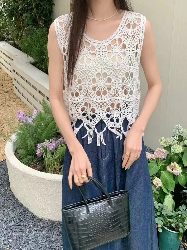 Boho Fringe Crochet Top Sleeveless Open-knit Vest Tops Summer Beach Cover Up Women Vacation Outfit