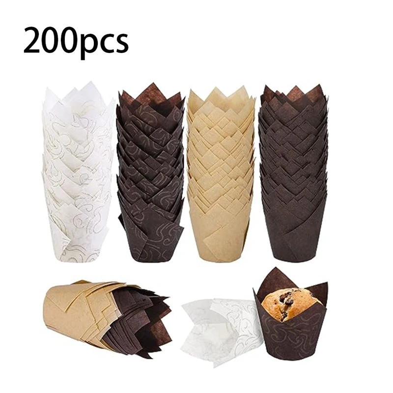 200 PCS Tulip Cake Cups High Temperature Oil-Proof Bread Paper Holder Cake Liner Flame Cup