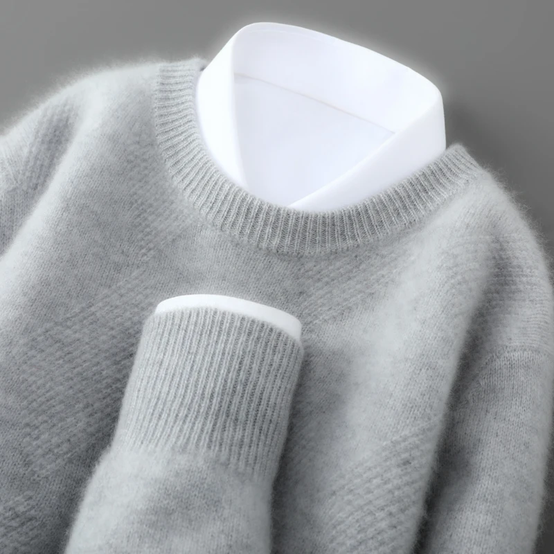 Autumn and winter men's 100% pure wool casual business warm round neck wool sweater with thick solid color loose base pullover