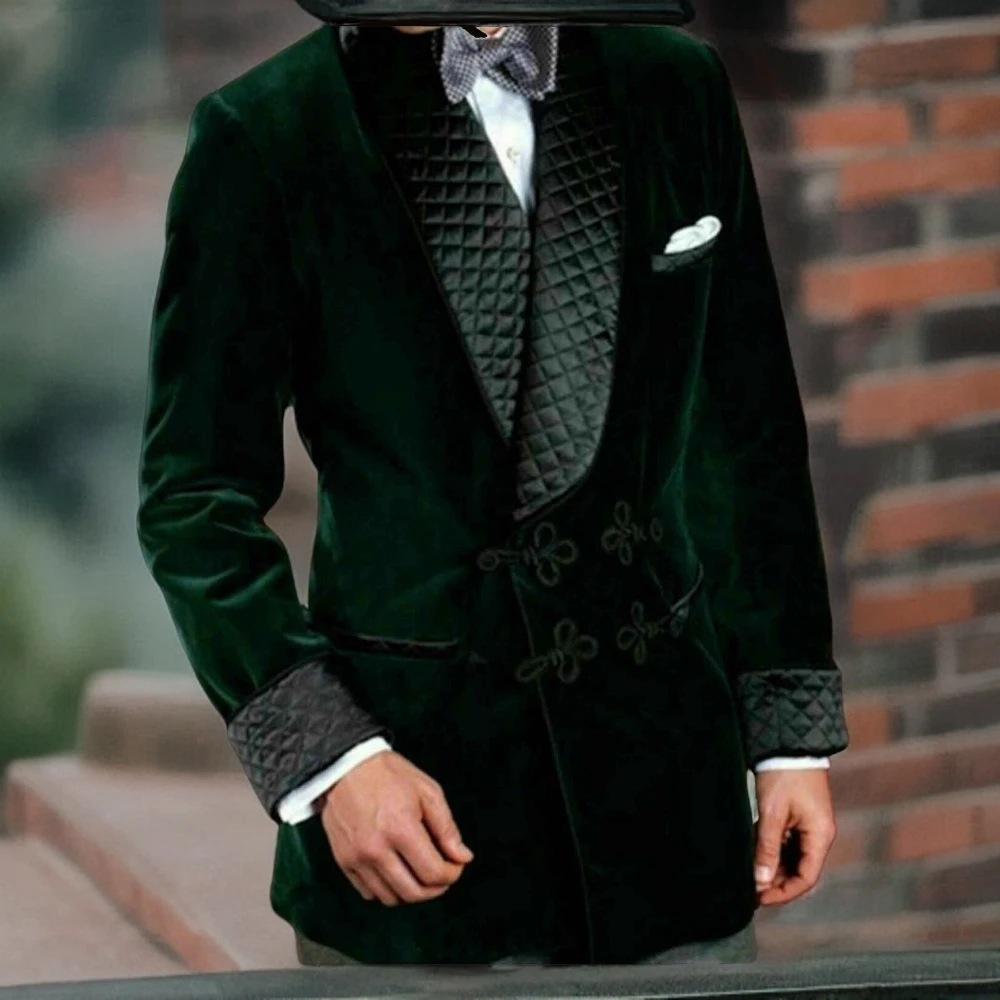 Velvet Green Smoking Jacket 1 Pcs Wedding Tuxedo Blazer Designer Stylish Shawl Lapel Custom Men Suit Fashion Coat with Button