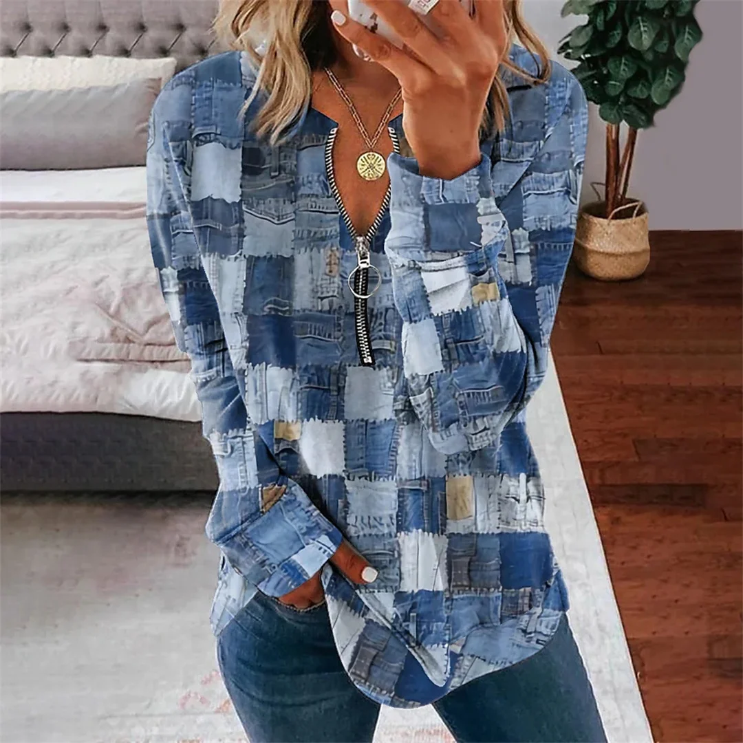 

Plus Size Women Long Sleeve V-neck Colorblock Zipper Sweatshirts Top