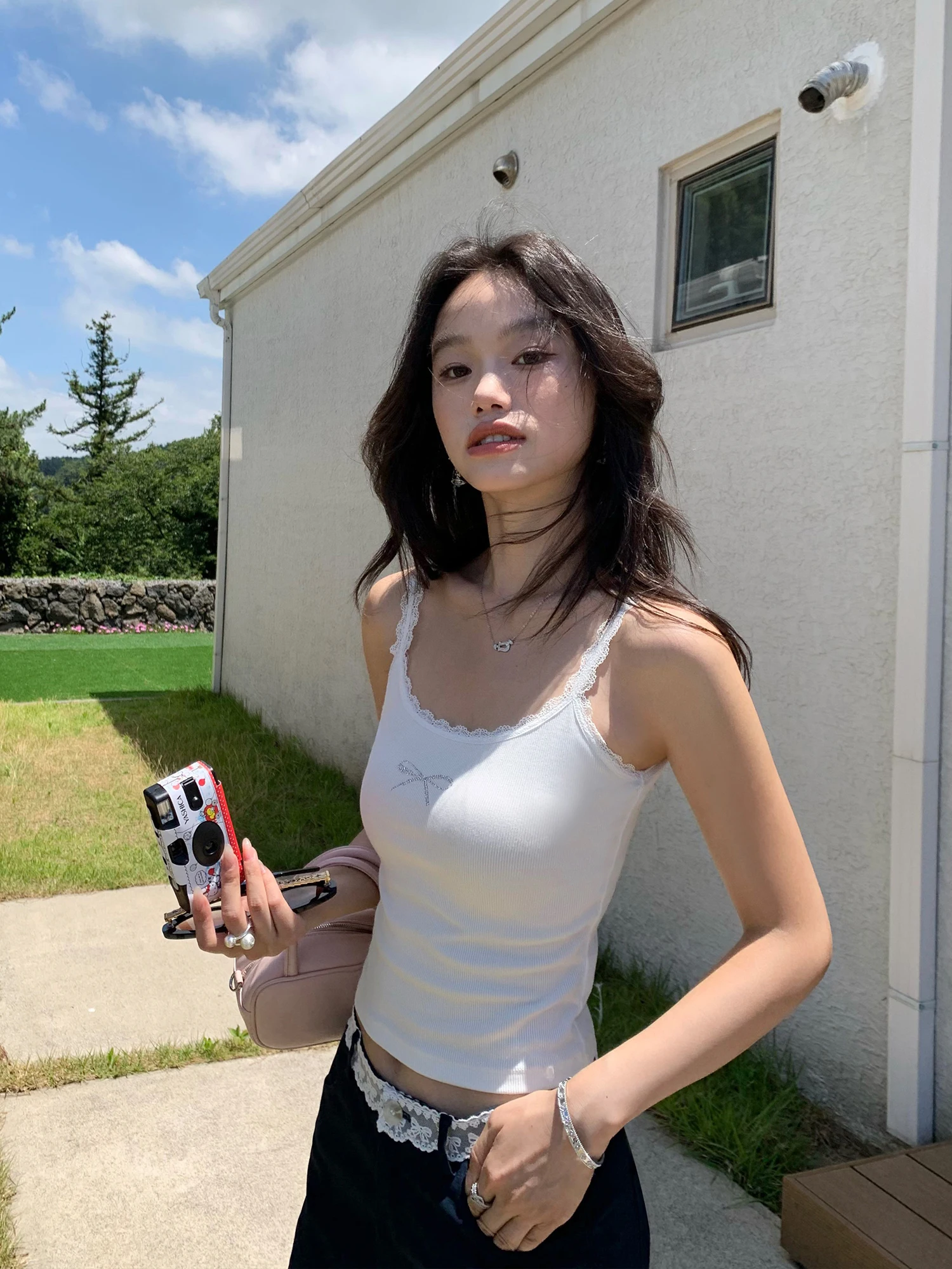 

Pusumede Lace Splice Knitted ort Svel Vest Women's Outerwear Knot ter Ne Crop Top Slim Fit Summer Faion