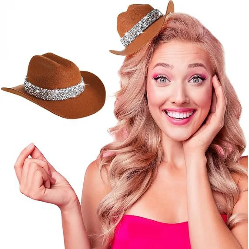 Pink Small Cowboy Hat with Rhinestone Strip Hair Clip Headband Adult Cowgirl Wedding Bride Bachelor Party Decorative Hats