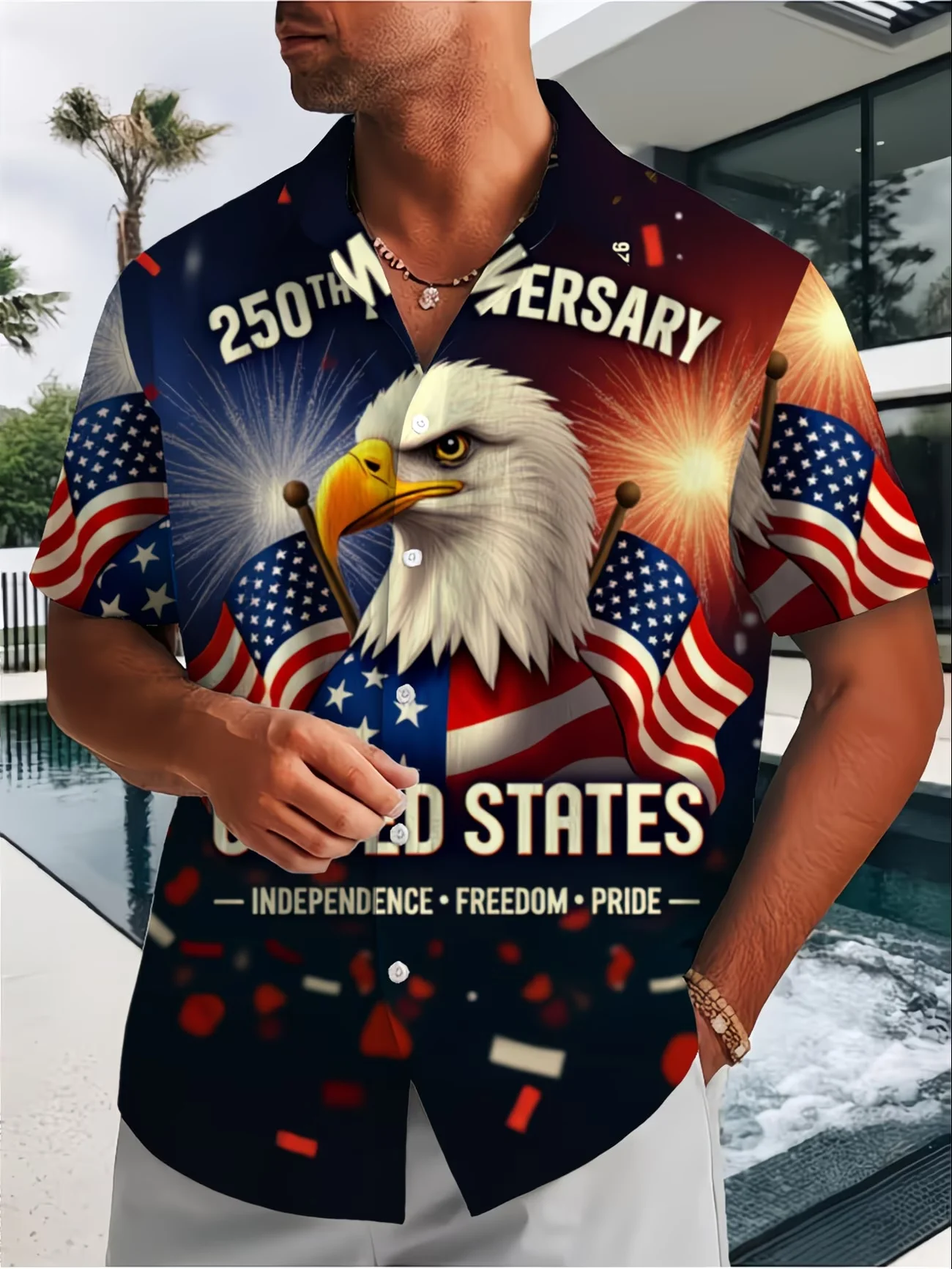 Mens 1776 2026 250 Years Of Freedom US Patriotic Eagle Print Short Sleeve Button Down Hawaiian Shirt Plus Size